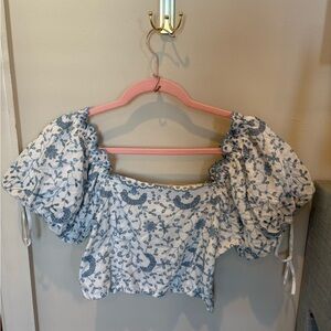 LoveShackFancy Blue and White Embroidered set. Shirt and skirt